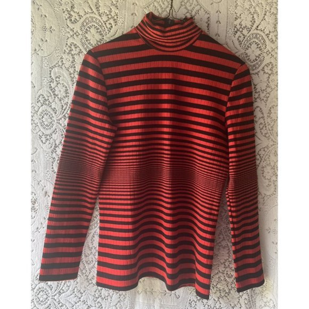 Vintage Y2K Red Black Stripe Turtleneck Fitted Long Sleeve Stretch Goth Emo